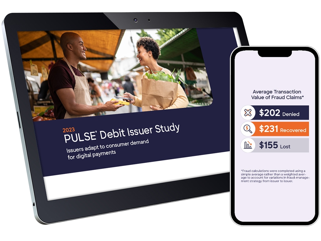 Tablet shows cover page of the Debit Issuer Study white paper and mobile device shows a graph representing data from the study.