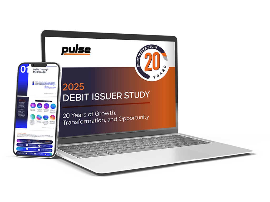 The 2025 Debit Issuer Study report is shown on a laptop screen next to a smartphone showing study findings.