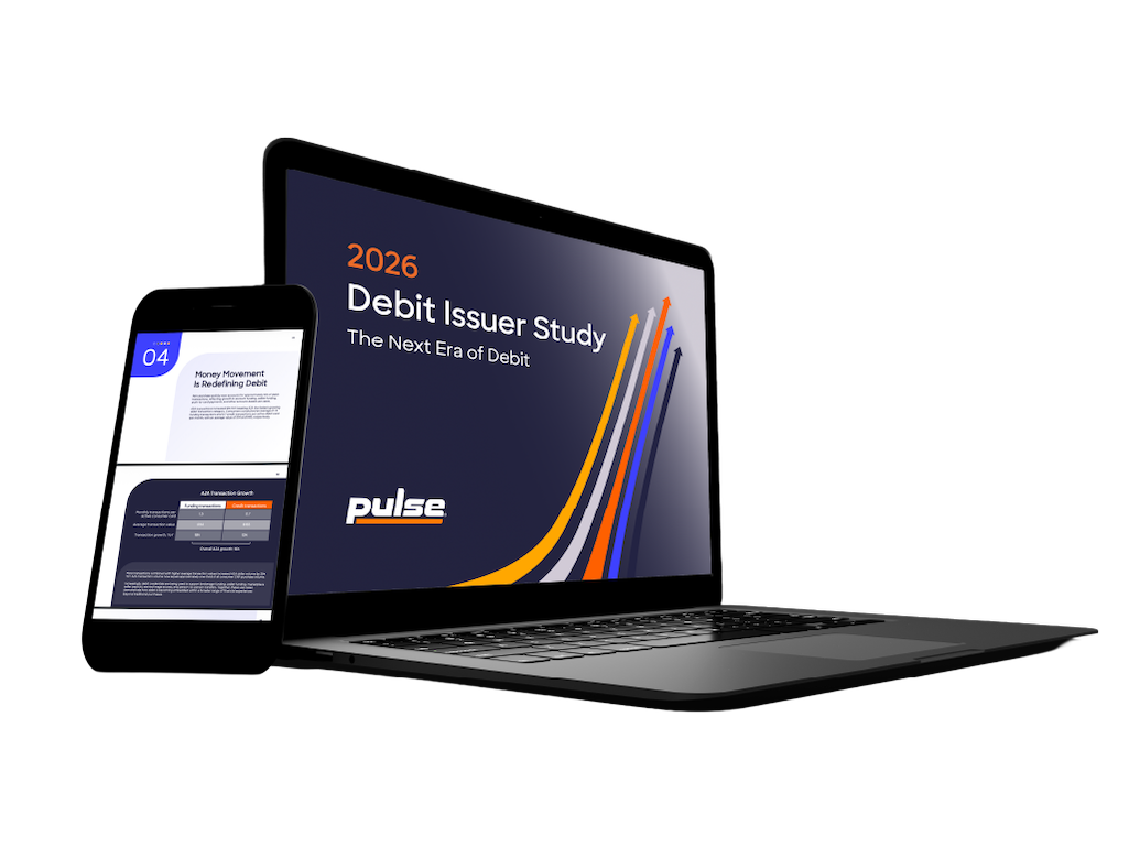 The 2026 PULSE Debit Issuer Study report is shown on a laptop screen next to a smartphone displaying study findings.