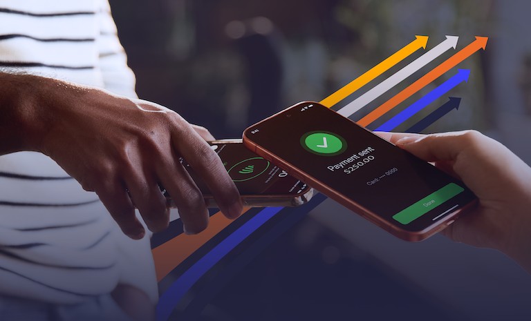 Two phones tap together to successfully complete a near-field communication payment.