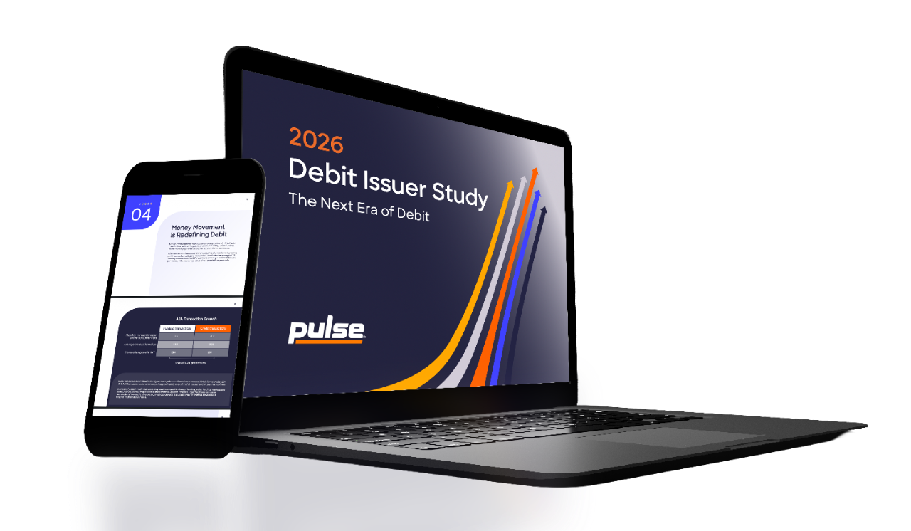 The 2026 PULSE Debit Issuer Study report is shown on a laptop screen next to a smartphone displaying study findings.