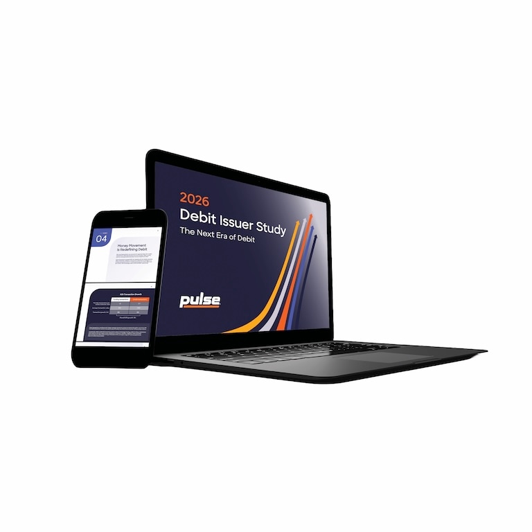 The 2026 PULSE Debit Issuer Study report is shown on a laptop screen next to a smartphone displaying study findings.